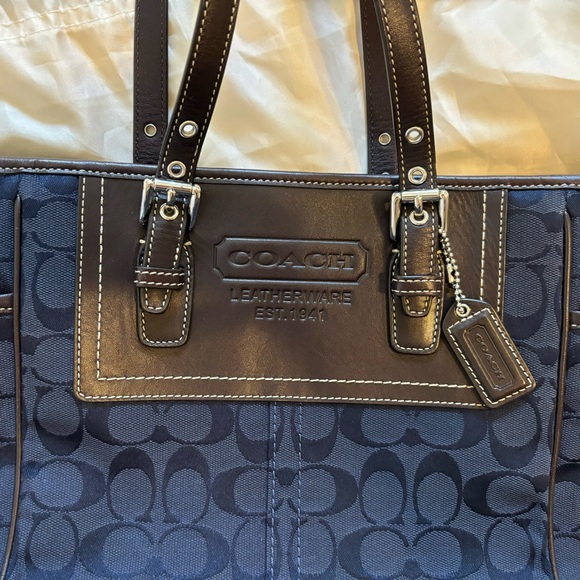 Like new! Authentic Coach Purse, Navy & Brown, Leather & Canvas - Picture 2 of 5